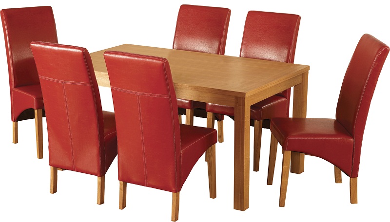 Natural Oak Veneer/Rustic Red

 
Rectangular table featuring square legs with six G1 Chairs , Please click to get details